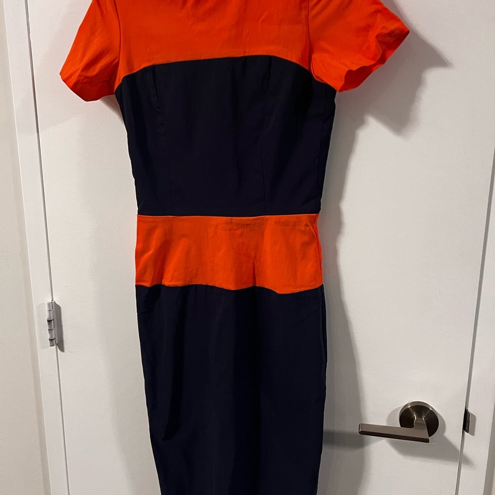 Go Couture Orange and Navy Blue Midi Dress with Puff Sleeves for Cocktail